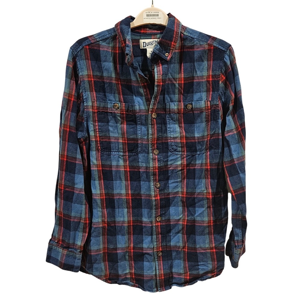 Duluth Trading Co Mens Slim Fit Free Swingin Flannel Shirt Blue Red Plaid Medium